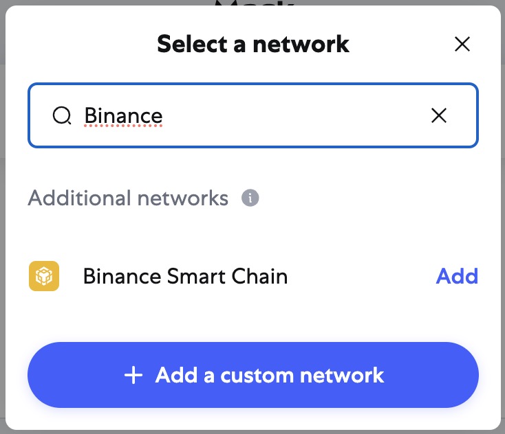 select Binance in MetaMask