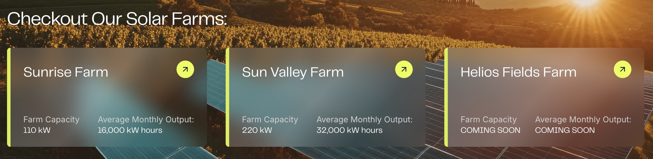 all three solar farms shown next to a photo and some statistics about energy production