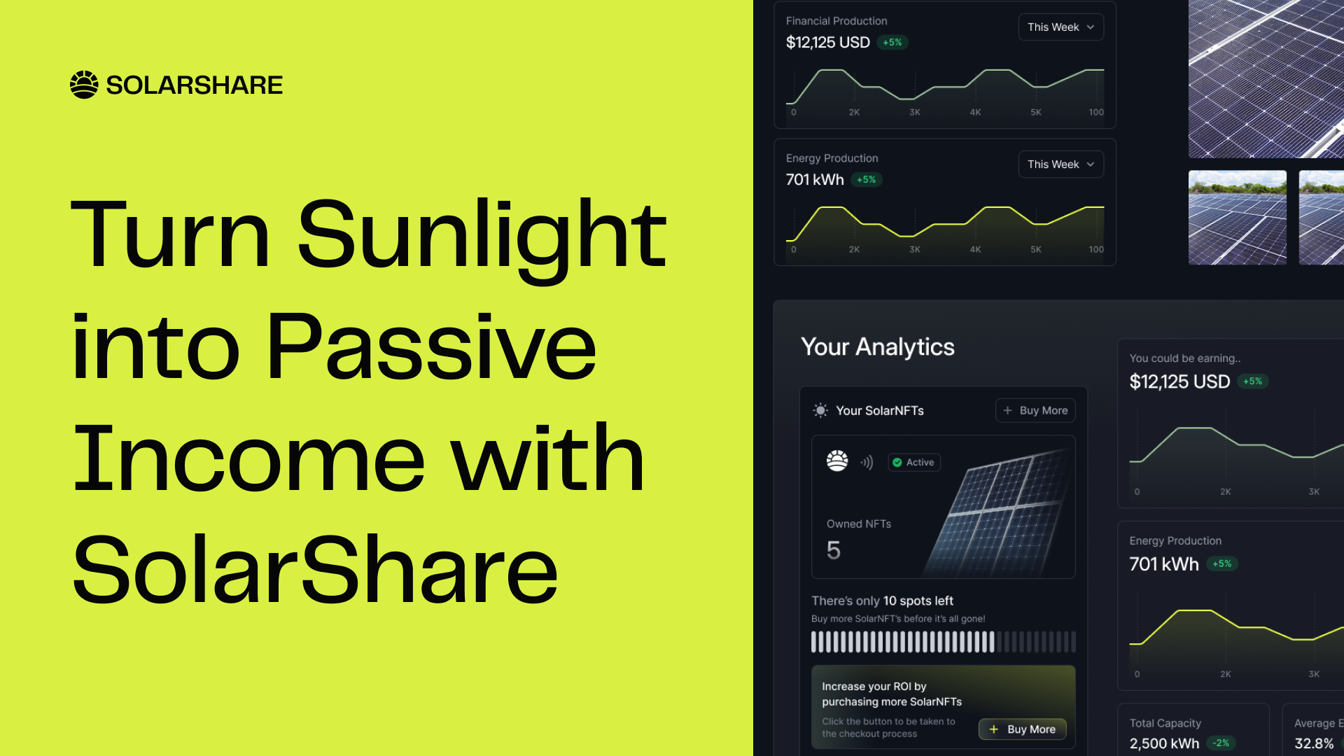 screenshot of the SolarShare Dashboard showing live energy production and reward generation