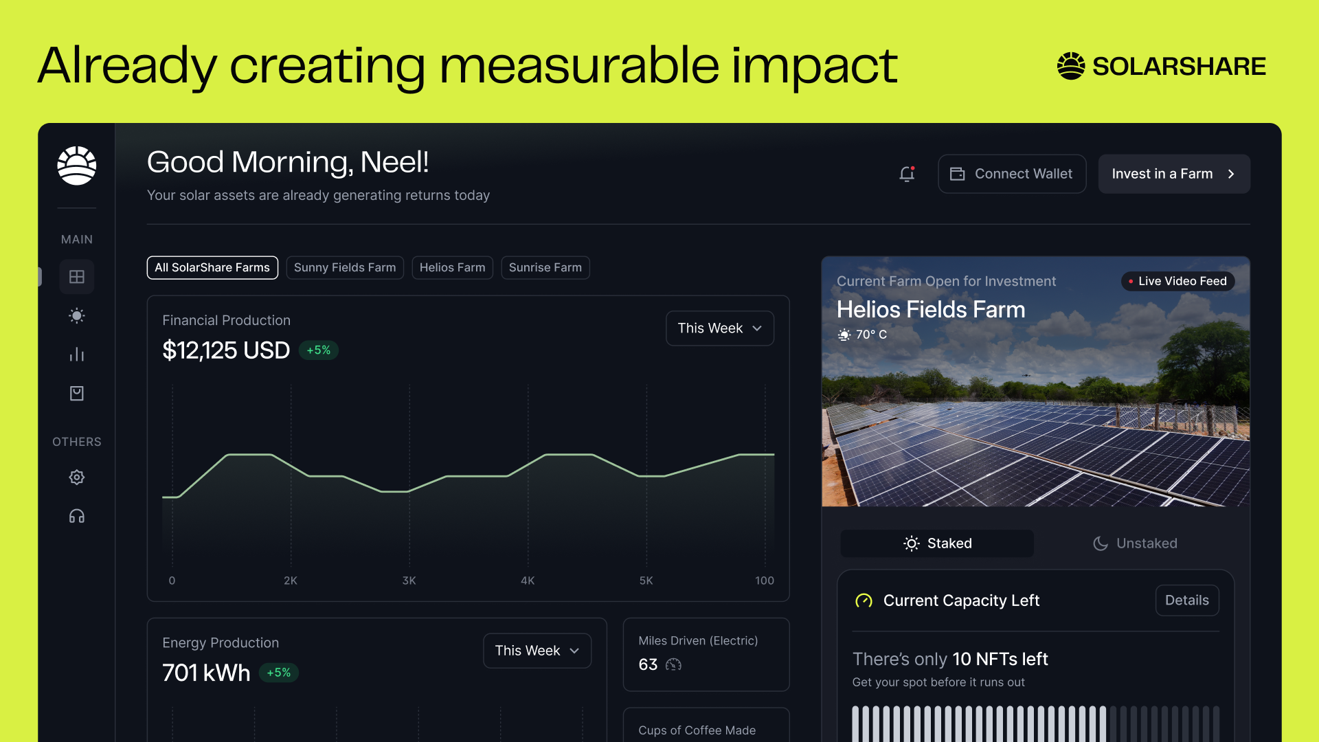 a screenshot from the solarshare solar farms dashboard, showing earning and power generated
