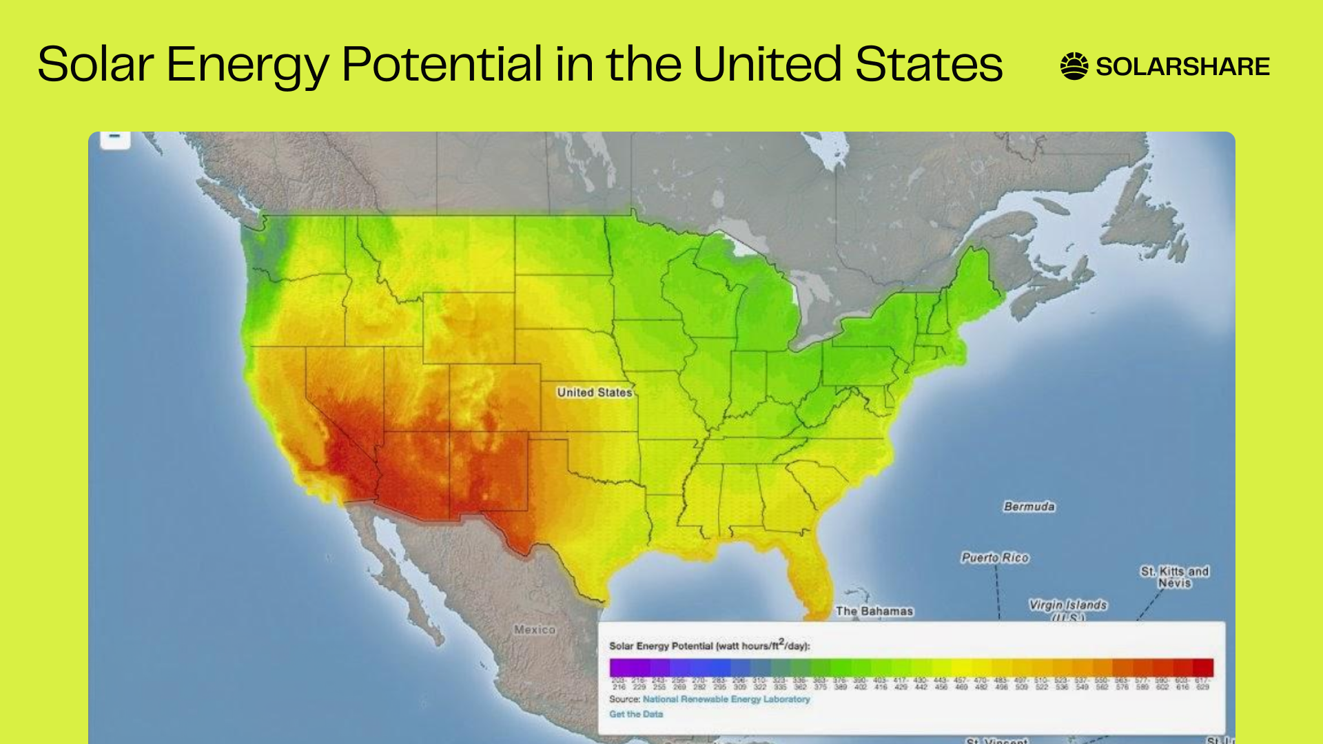 a map showing the solar energy potential of the United States