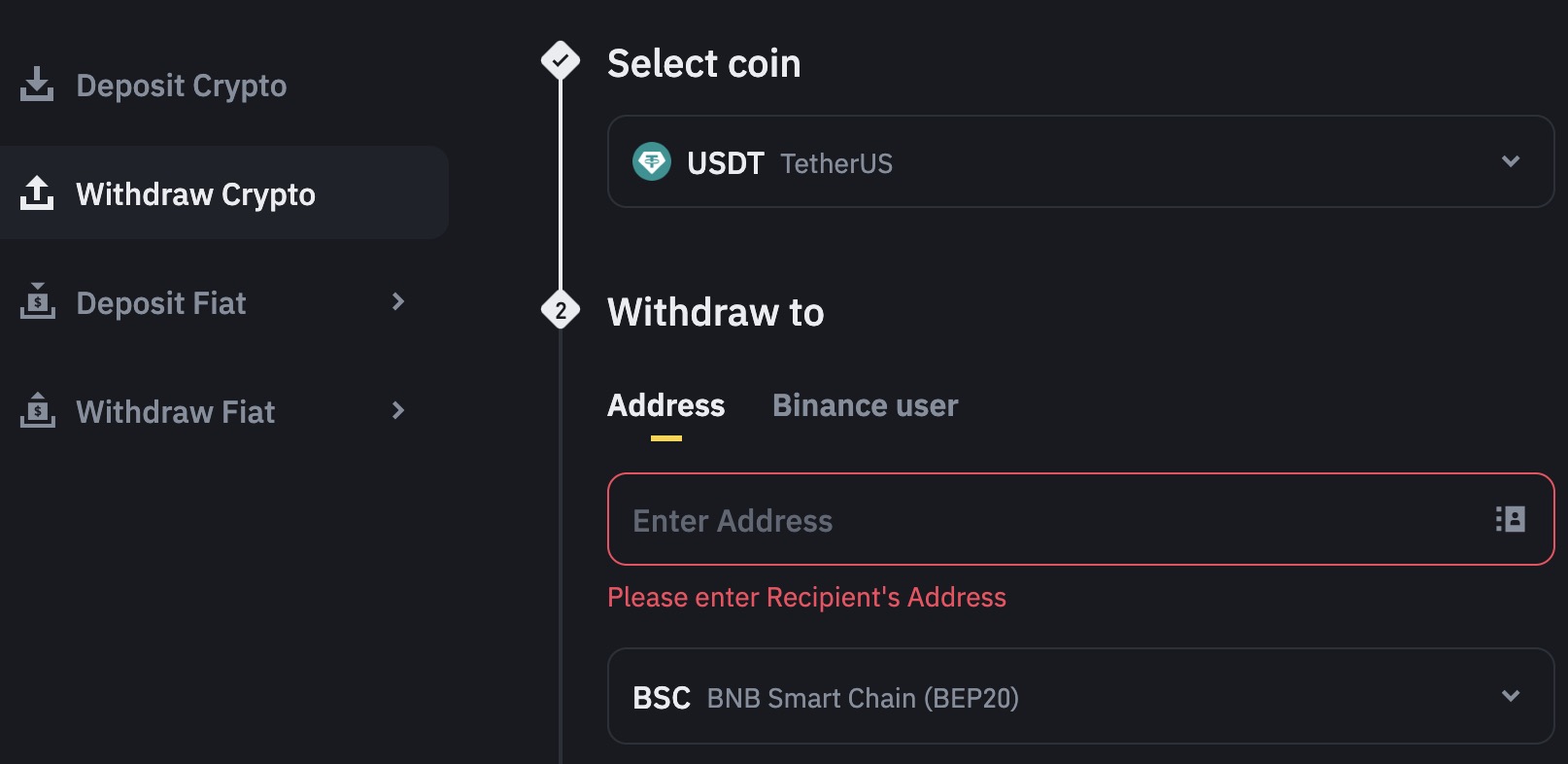 Buying stablecoins on BSC on Binance